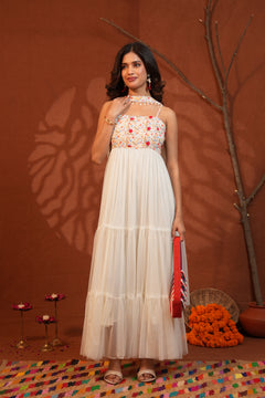 Phulwari Floral White Tiered Maxi Dress