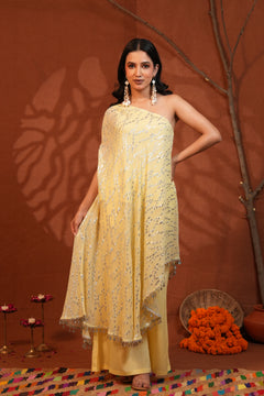 Sunshine Draped Elegance Yellow One-Shoulder Asymmetric Lurex Co-ord Set