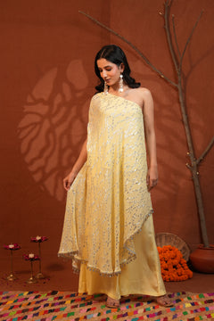 Sunshine Draped Elegance Yellow One-Shoulder Asymmetric Lurex Co-ord Set