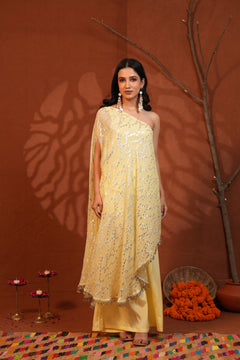 Sunshine Draped Elegance Yellow One-Shoulder Asymmetric Lurex Co-ord Set