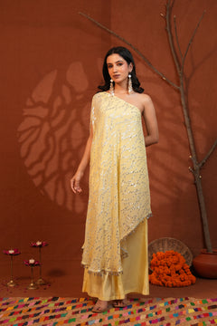 Sunshine Draped Elegance Yellow One-Shoulder Asymmetric Lurex Co-ord Set