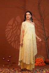 Sunshine Draped Elegance Yellow One-Shoulder Asymmetric Lurex Co-ord Set