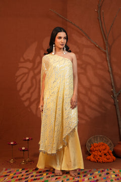 Sunshine Draped Elegance Yellow One-Shoulder Asymmetric Lurex Co-ord Set