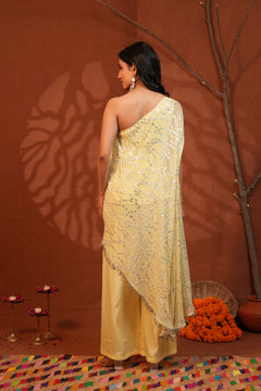 Sunshine Draped Elegance Yellow One-Shoulder Asymmetric Lurex Co-ord Set