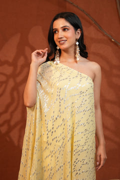 Sunshine Draped Elegance Yellow One-Shoulder Asymmetric Lurex Co-ord Set