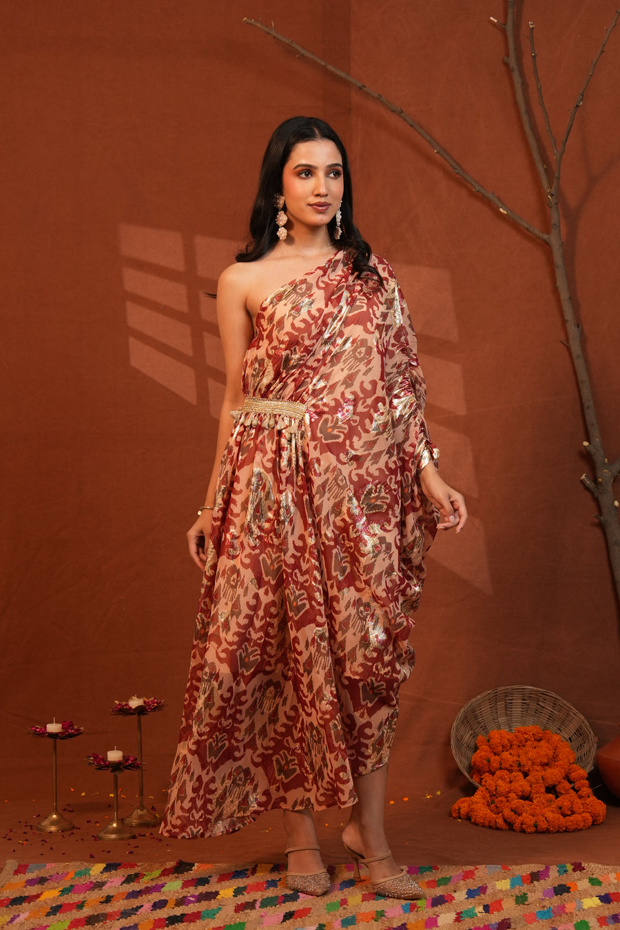 Burgundy Foil Print One Shoulder Indo western Dress