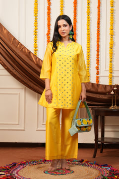 Amaltas Mustard Mirror Work Kurti Pant Set