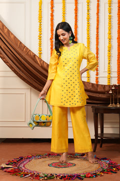 Amaltas Mustard Mirror Work Kurti Pant Set