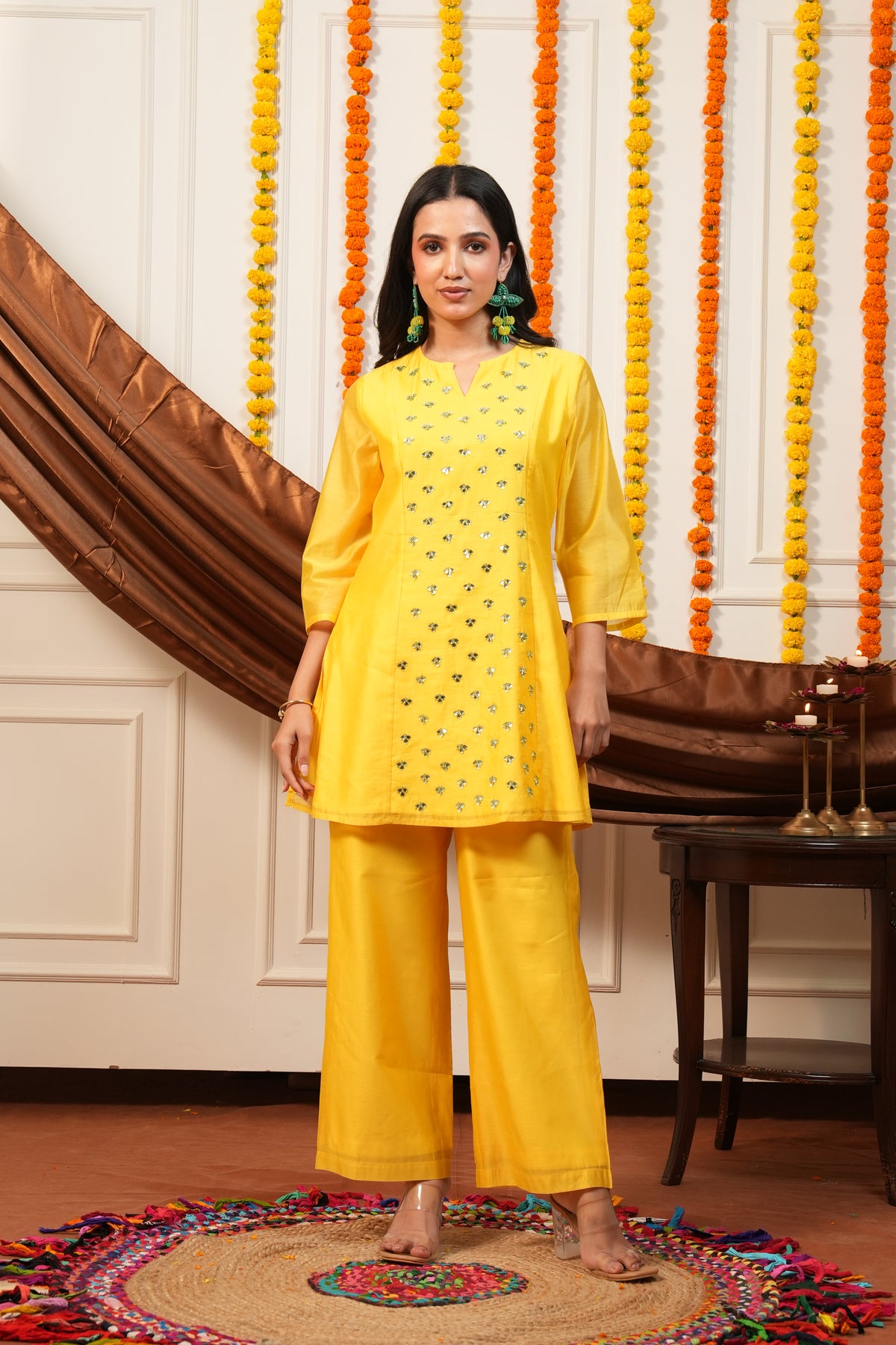 Amaltas Mustard Mirror Work Kurti Pant Set