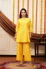 Amaltas Mustard Mirror Work Kurti Pant Set