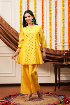 Amaltas Mustard Mirror Work Kurti Pant Set
