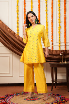 Amaltas Mustard Mirror Work Kurti Pant Set