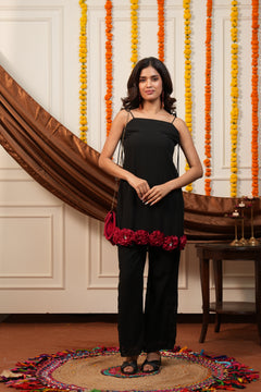 Gulabo Black Rose Applique Kurti Pant Set