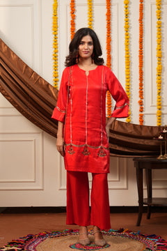Surkhi Red Embroidered Kurti Pant Set