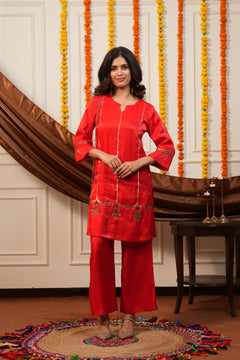 Surkhi Red Embroidered Kurti Pant Set