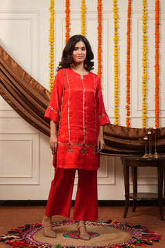 Surkhi Red Embroidered Kurti Pant Set