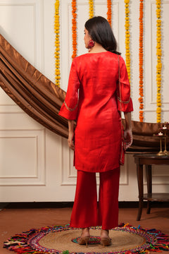 Surkhi Red Embroidered Kurti Pant Set