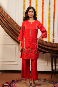 Surkhi Red Embroidered Kurti Pant Set