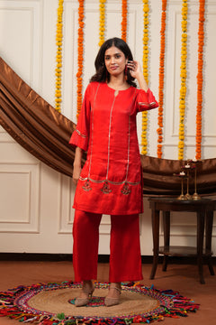 Surkhi Red Embroidered Kurti Pant Set