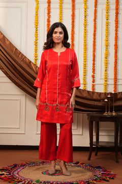 Surkhi Red Embroidered Kurti Pant Set