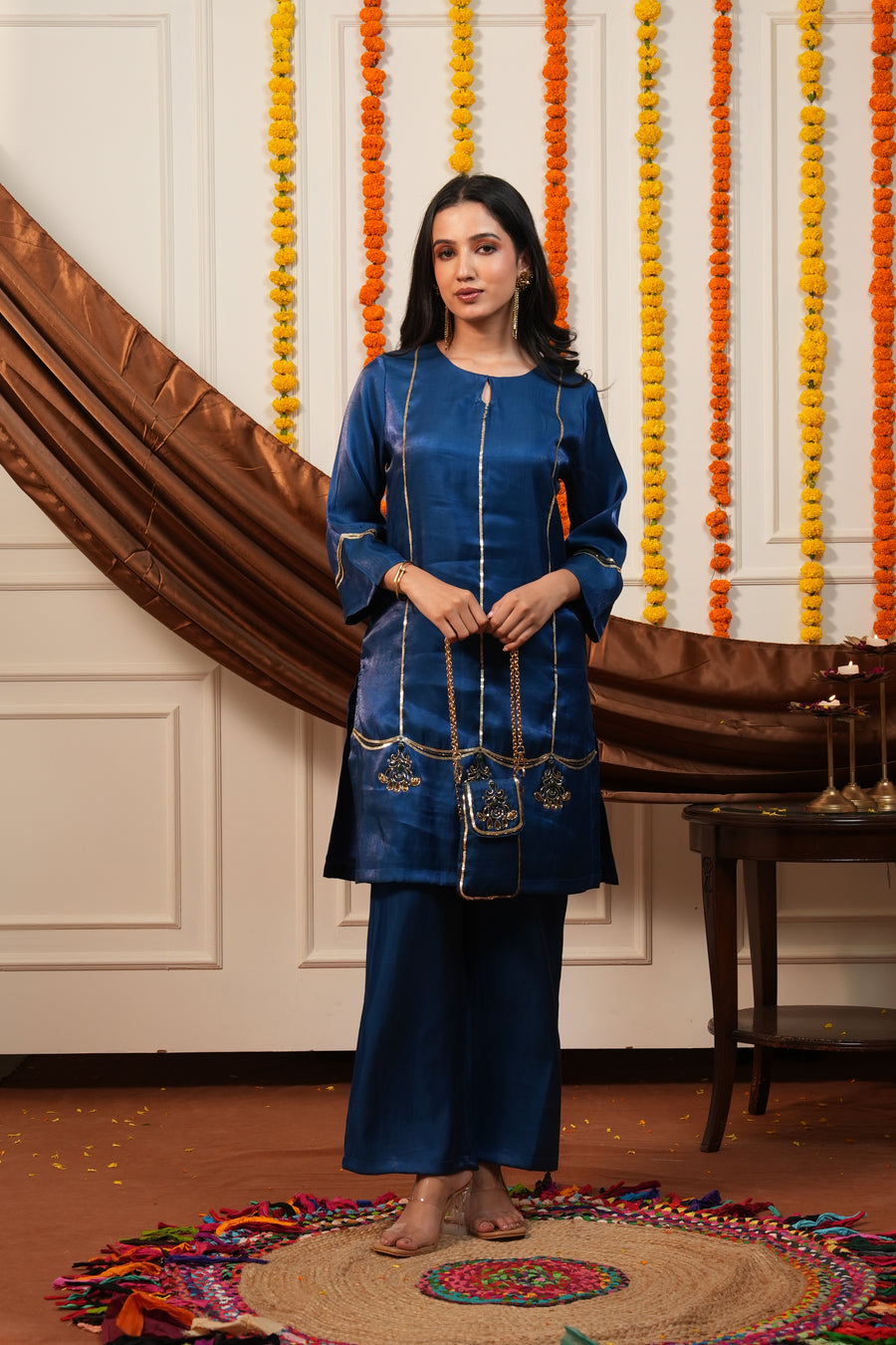 Firoza Teal Embroidered Kurti Pant Set