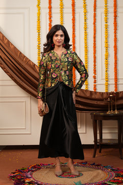 Black Floral Brocade Jacket & Draped Skirt Co-Ord Set