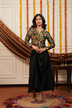 Black Floral Brocade Jacket & Draped Skirt Co-Ord Set