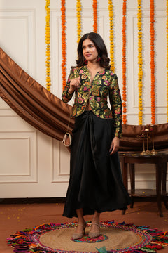 Black Floral Brocade Jacket & Draped Skirt Co-Ord Set
