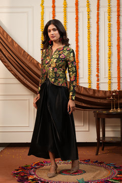 Black Floral Brocade Jacket & Draped Skirt Co-Ord Set