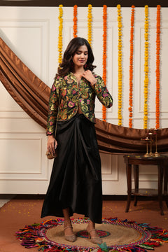Black Floral Brocade Jacket & Draped Skirt Co-Ord Set