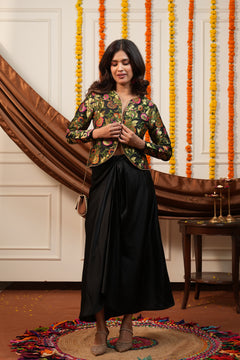 Black Floral Brocade Jacket & Draped Skirt Co-Ord Set