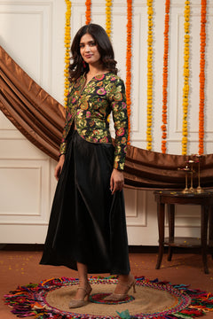 Black Floral Brocade Jacket & Draped Skirt Co-Ord Set