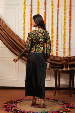 Black Floral Brocade Jacket & Draped Skirt Co-Ord Set