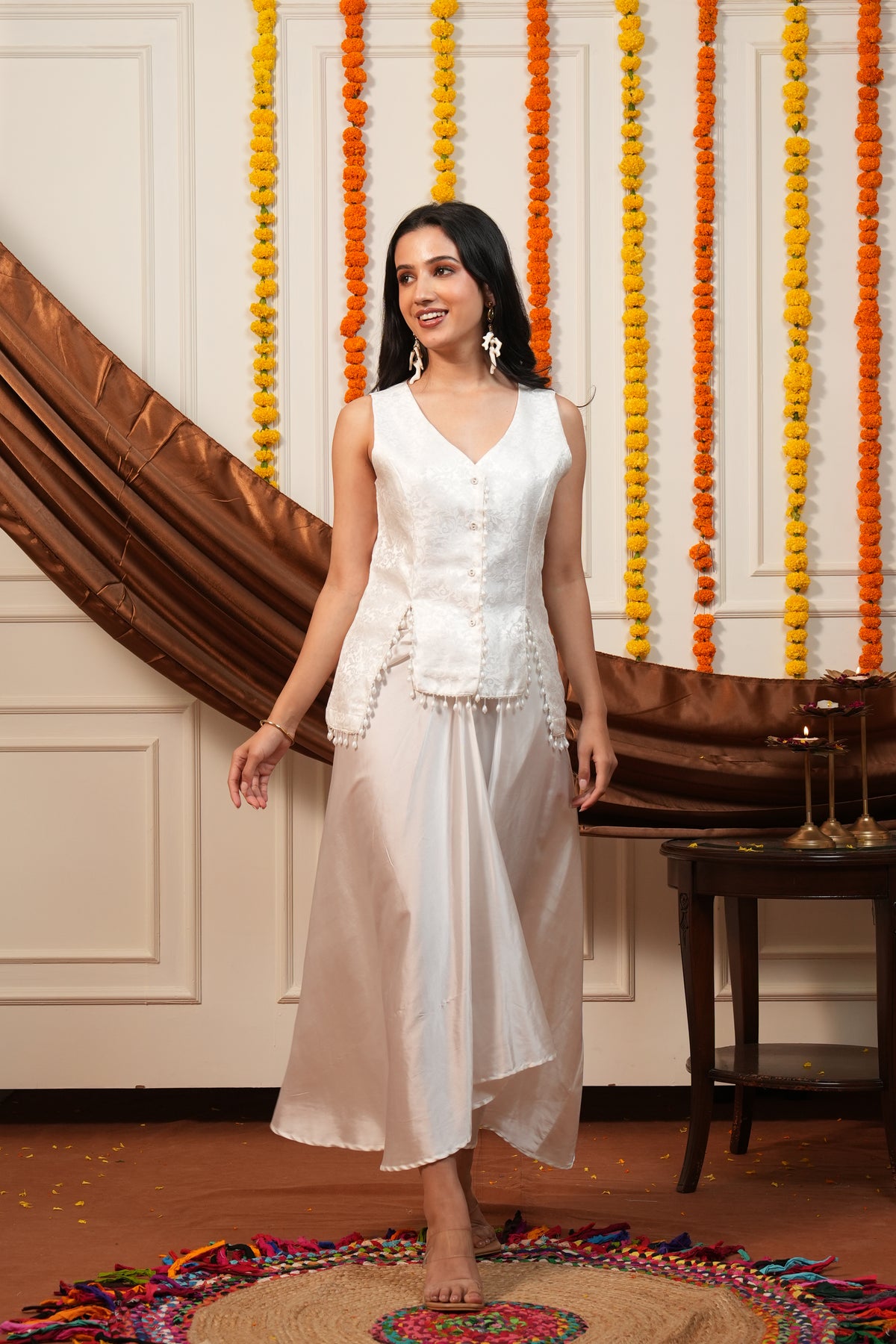 Pearl Grace White Brocade Waistcoat & Draped Skirt Co-Ord Set
