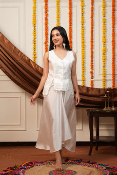Pearl Grace White Brocade Waistcoat & Draped Skirt Co-Ord Set