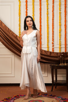Pearl Grace White Brocade Waistcoat & Draped Skirt Co-Ord Set