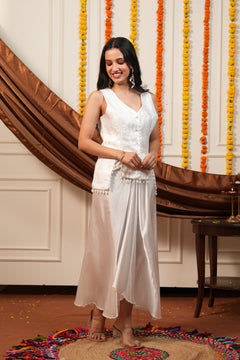 Pearl Grace White Brocade Waistcoat & Draped Skirt Co-Ord Set