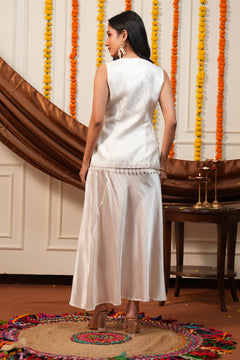 Pearl Grace White Brocade Waistcoat & Draped Skirt Co-Ord Set