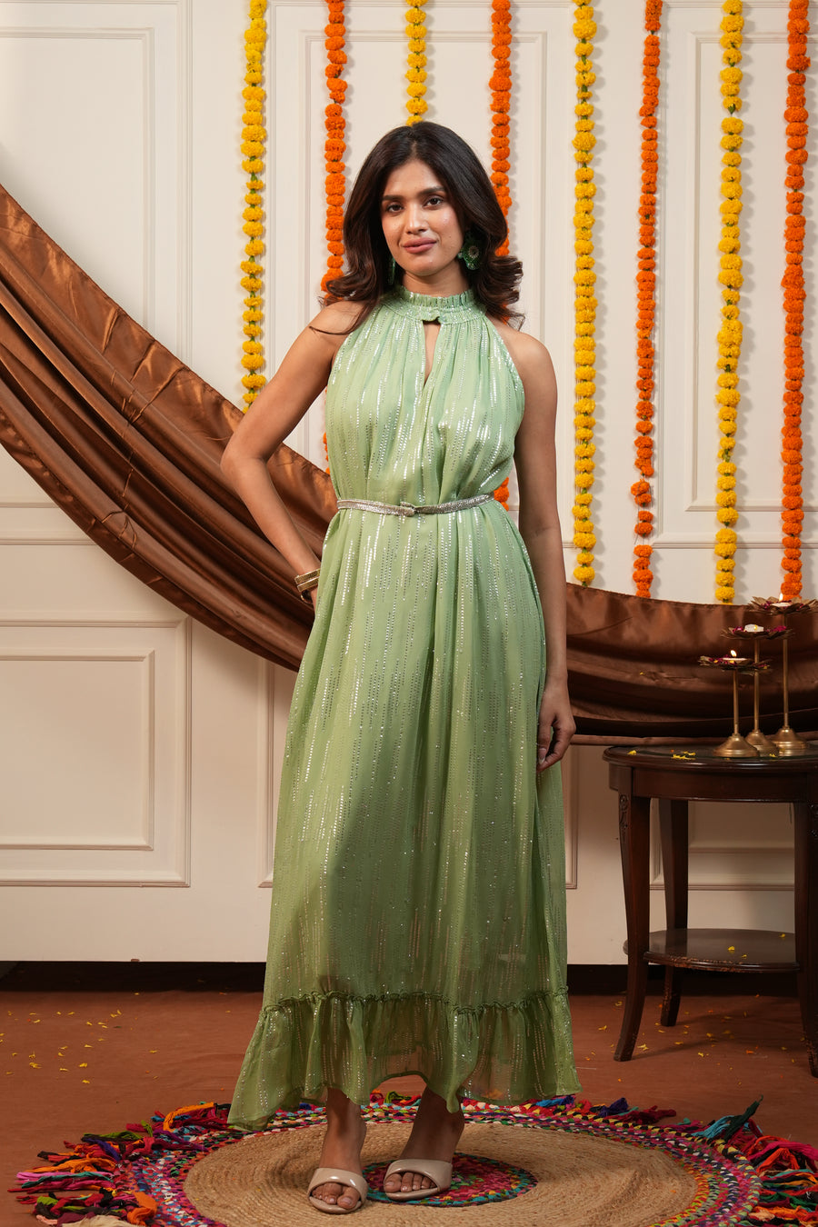 Sunset Glow Green Halter Maxi Dress