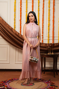 Blush Pink Silver Lurex High Neck Ruffle Sleeveless Occasion Dress