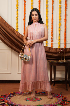 Blush Pink Silver Lurex High Neck Ruffle Sleeveless Occasion Dress