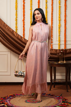 Blush Pink Silver Lurex High Neck Ruffle Sleeveless Occasion Dress