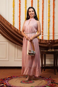 Blush Pink Silver Lurex High Neck Ruffle Sleeveless Occasion Dress