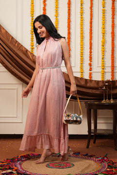 Blush Pink Silver Lurex High Neck Ruffle Sleeveless Occasion Dress