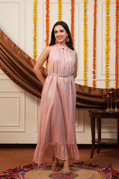Blush Pink Silver Lurex High Neck Ruffle Sleeveless Occasion Dress