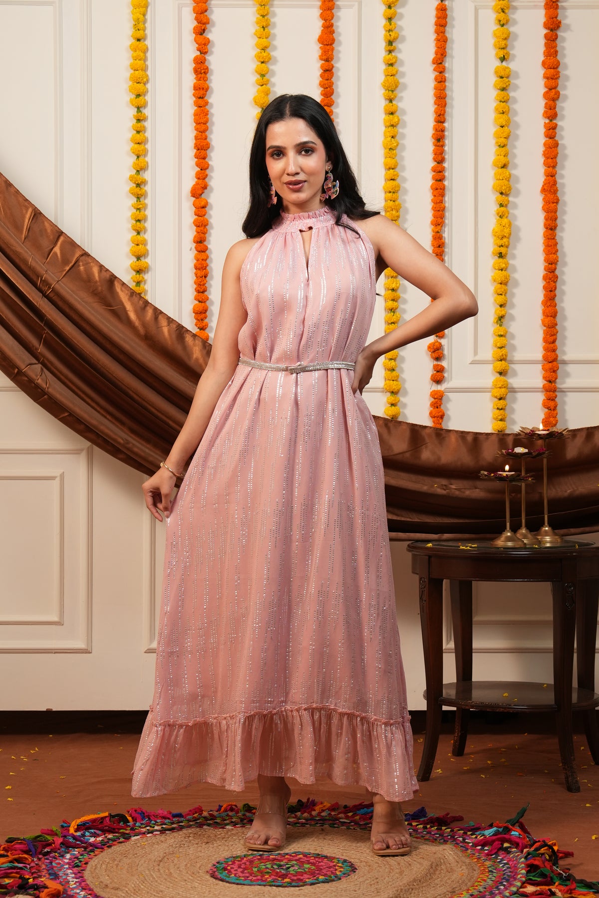 Blush Pink Silver Lurex High Neck Ruffle Sleeveless Occasion Dress
