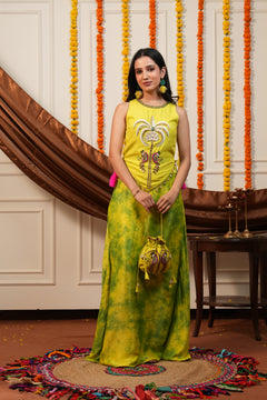 Vanya Yellow Palm Embroidered Top Skirt Set with Potli