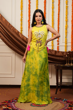 Vanya Yellow Palm Embroidered Top Skirt Set with Potli