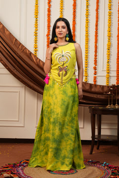 Vanya Yellow Palm Embroidered Top Skirt Set with Potli