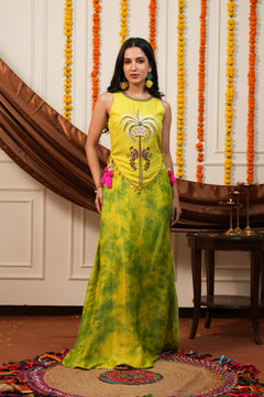 Vanya Yellow Palm Embroidered Top Skirt Set with Potli